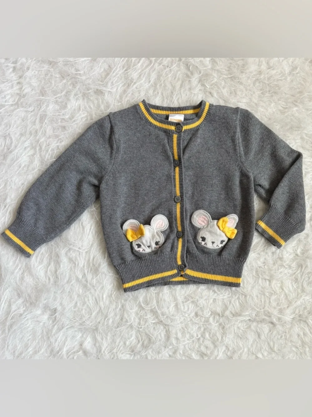 Gymboree Baby Girl Gray Cardigan Sweater with Yellow Trim and Mouse Pockets